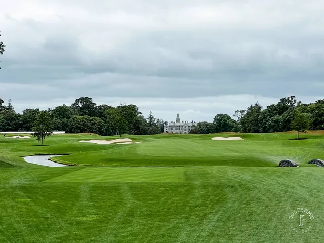 A fairway at Adare Manor lined with mature trees.