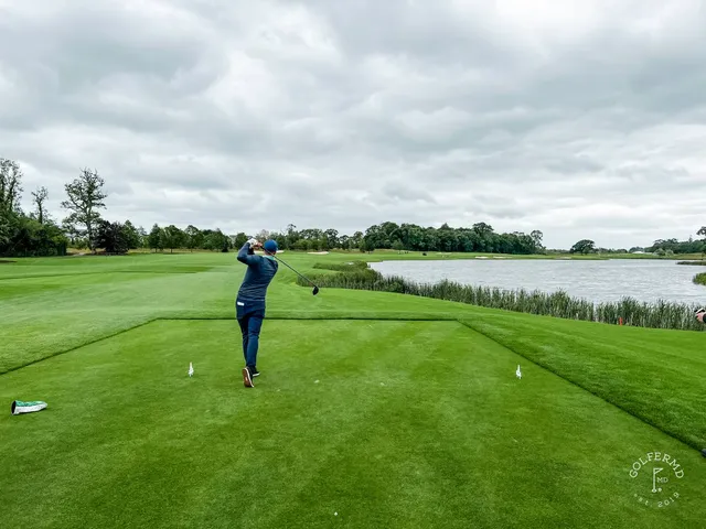A close view of a flagstick at Adare Manor, with trees behind the green.