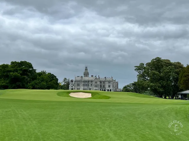 The River Maigue beside a hole at Adare Manor, with the manor beyond.