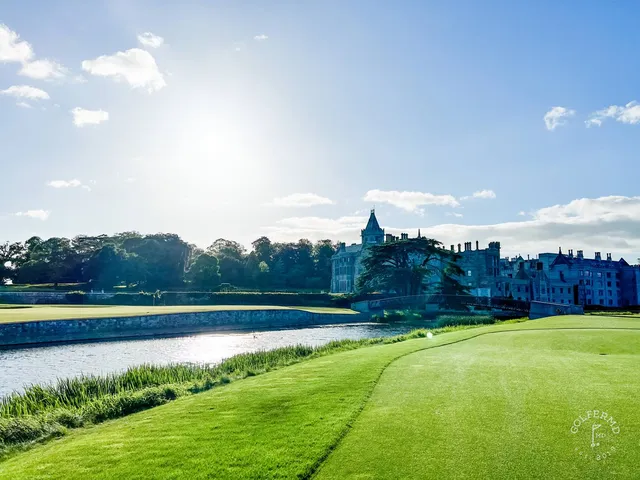A wide hole at Adare Manor, with the fairway, the river, and the estate.