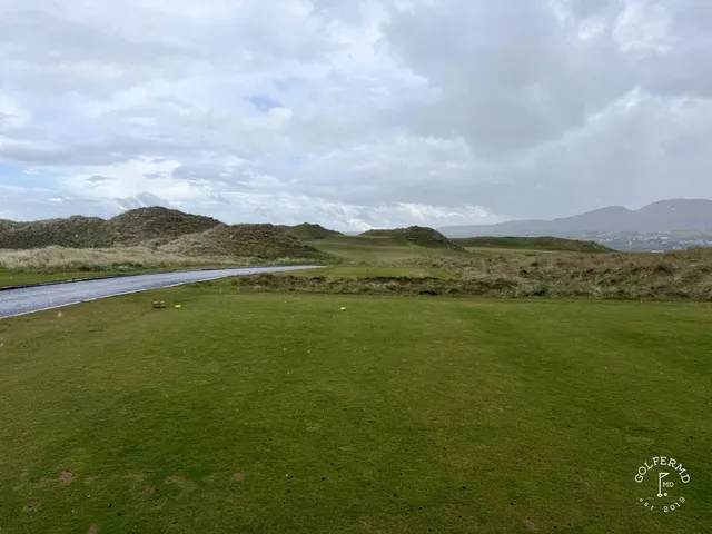 A green and flagstick on the Old Links, seen from the fairway.