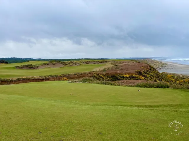A golfer hitting a shot at Bandon Dunes, with the fairway and the ocean ahead.