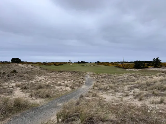 A green and flagstick at Bandon Dunes above the ocean, with a bunker in front.
