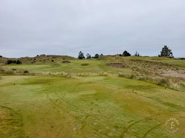A green and flagstick at Bandon Preserve on the edge of the bluff, with the ocean below.