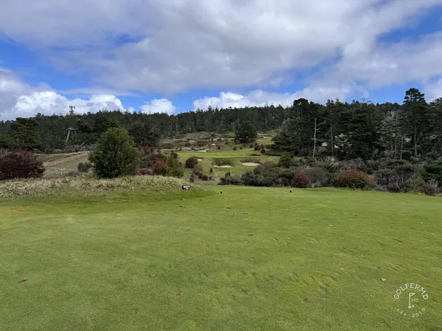 A fairway and green at Bandon Trails, with a bunker in the foreground and forest beyond.