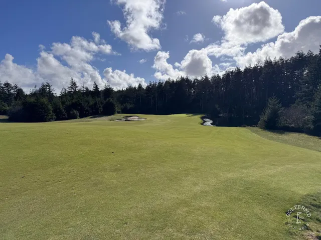 A green and flagstick at Bandon Trails, with a bunker short of the green and trees beyond.