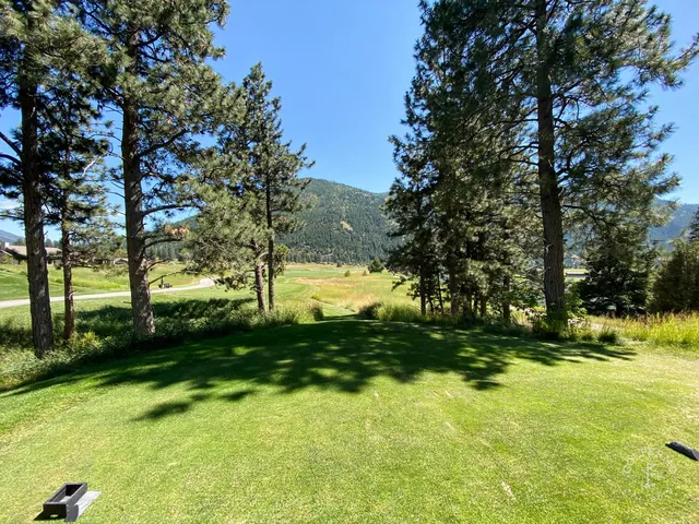 A fairway at Canyon River running through the pines, with the mountains beyond.