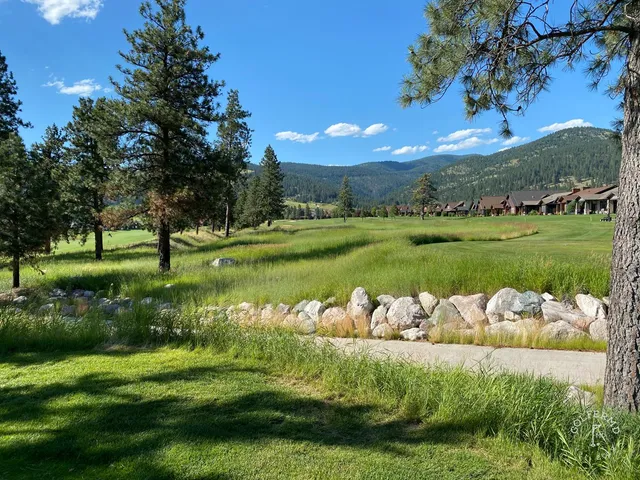 A golfer hitting a shot at Canyon River, with the fairway and the forest ahead.