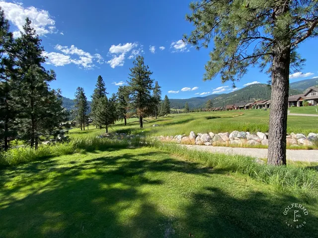 A fairway at Canyon River lined with pines, running toward the mountains.