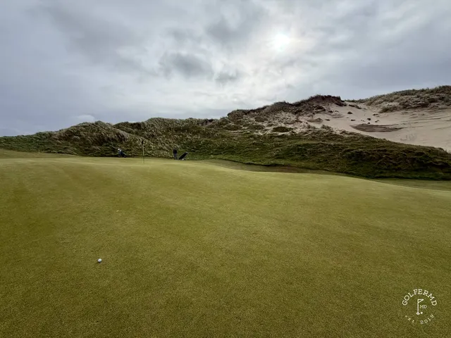 A wide view at Carne, with dunes and the water on the horizon.