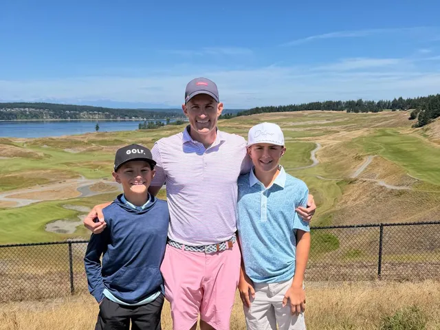 A fairway at Chambers Bay running through the dunes toward Puget Sound.