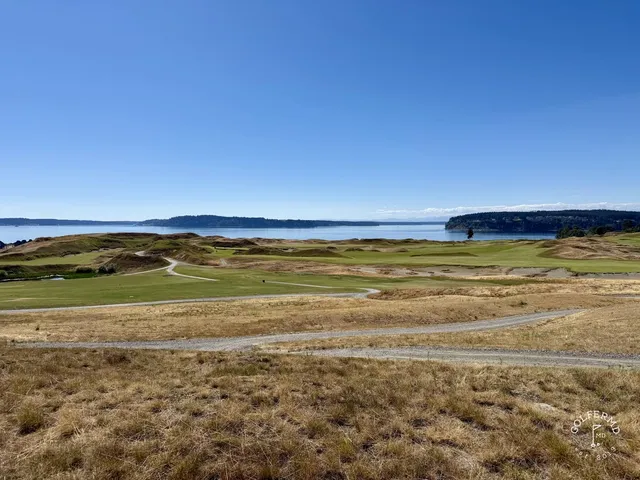 A golfer putting on a green at Chambers Bay, with the sound beyond the hole.