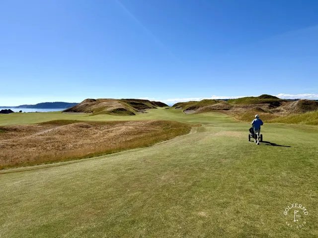 A group of golfers at Chambers Bay, with the sound behind them.