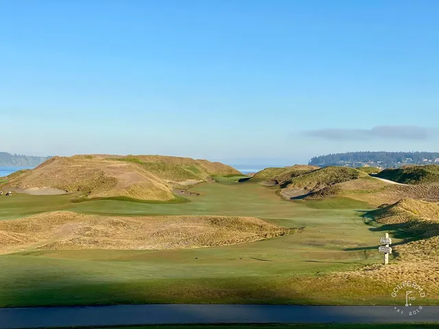 A green and flagstick at Chambers Bay, with a large bunker guarding the front.