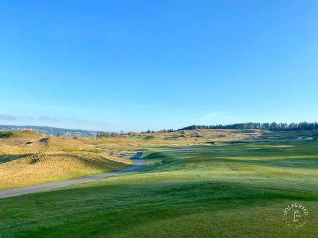 A fairway at Chambers Bay lined with beach grass, with the sound in the distance.