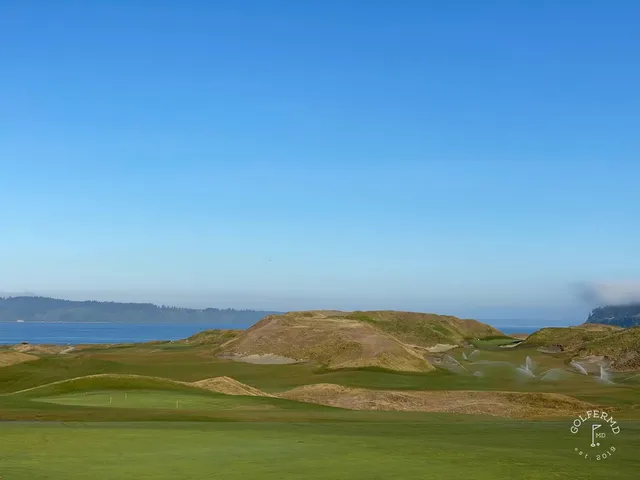 A green and flagstick at Chambers Bay, seen from a rise above the hole.