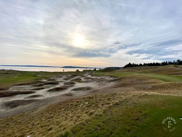 A wide view across Chambers Bay, with the fairway and the sound.