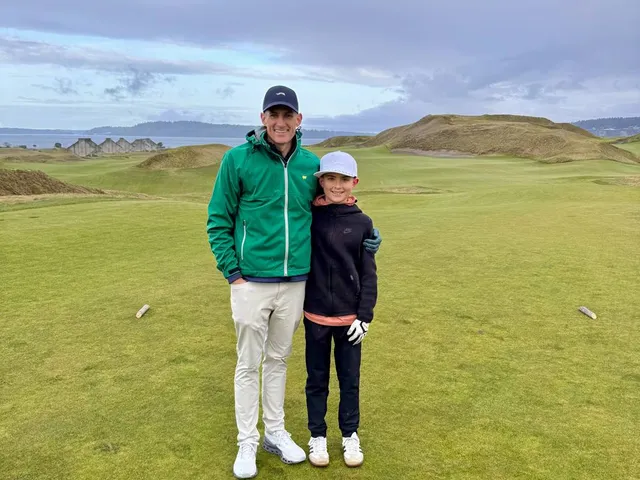 A wide fairway at Chambers Bay, with the sound on the horizon.
