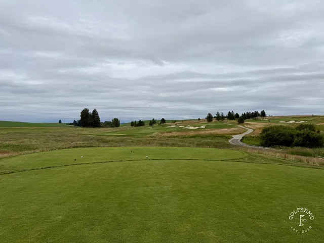 A close view of a green and flagstick at Circling Raven, with trees around the hole.