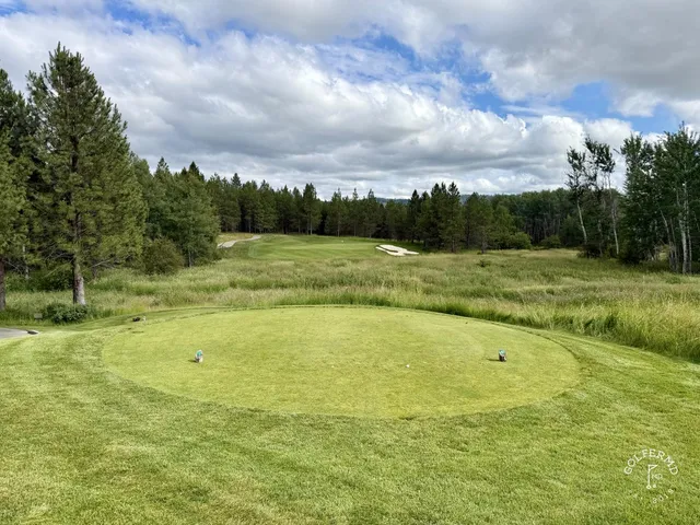 A fairway and green at Circling Raven, with sand and pines beside the hole.
