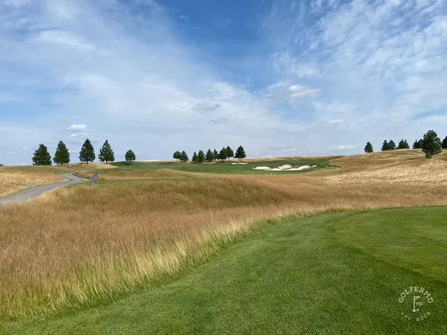 A wide fairway at Circling Raven, with a green in the distance under the trees.