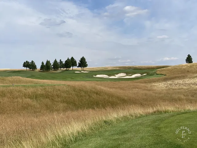 A golfer hitting from the fairway at Circling Raven, with pines around the shot.