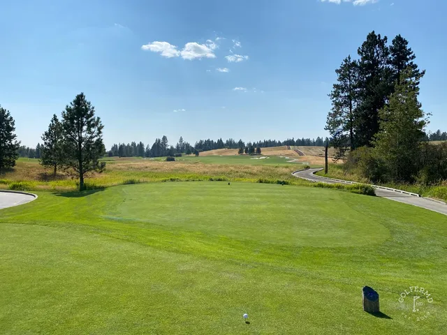 A green and flagstick at Circling Raven, with sand short and trees long.