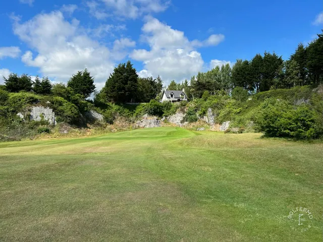 A green and flagstick at Cork Golf Club, seen from the fairway.