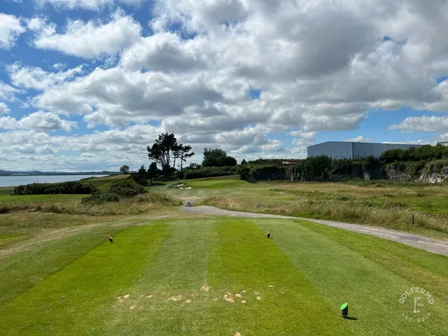 Golfers on a tee at Cork Golf Club, with the harbour behind them.