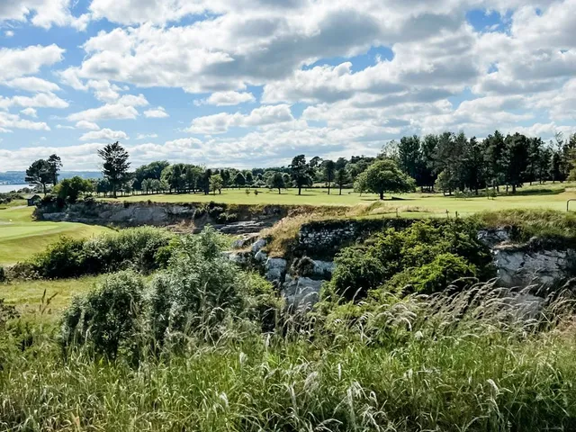 A golfer putting on a green at Cork Golf Club, with the water beyond the hole.