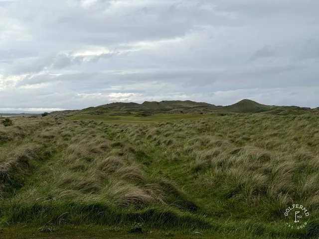 A golfer putting on a green at Enniscrone, with the ocean beyond the hole.