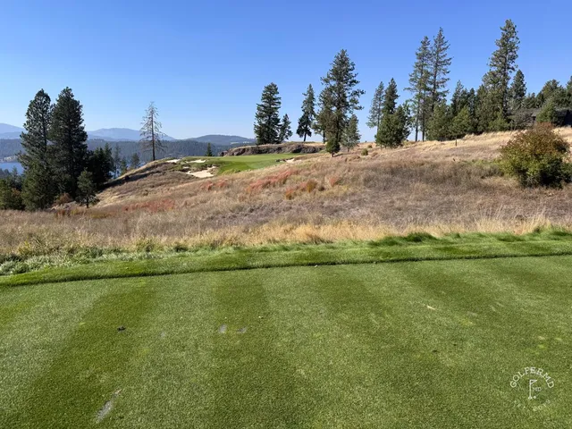 A close view of a green and flagstick at Gozzer Ranch, with pines and the lake behind the hole.