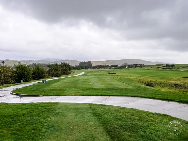 The Ritz-Carlton and the coastline from the bluff at Half Moon Bay Golf Links Ocean Course.