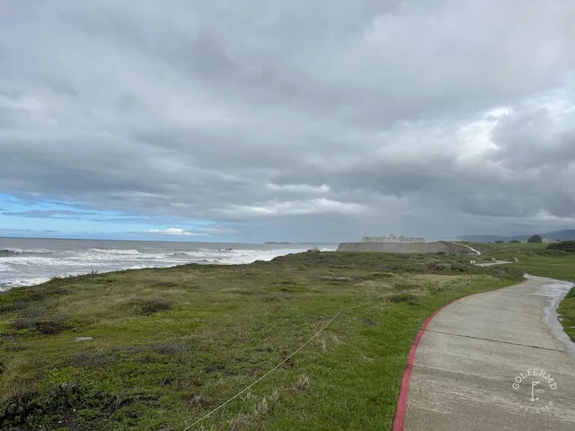 The coastline and the ocean from the bluff at Half Moon Bay Golf Links Ocean Course.