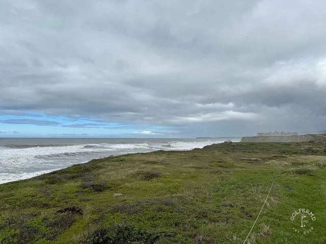 A green and flagstick above the ocean at Half Moon Bay Golf Links Ocean Course, with a cypress tree beside the hole.