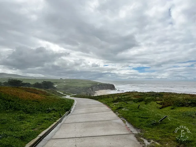 A wide view of the ocean and the coast from Half Moon Bay Golf Links Ocean Course.