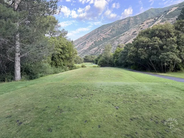 A wide fairway at Hobble Creek lined with trees, with the mountains in the distance.