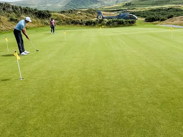A fairway at Hogs Head running toward the Atlantic, with the mountains of Kerry beyond.