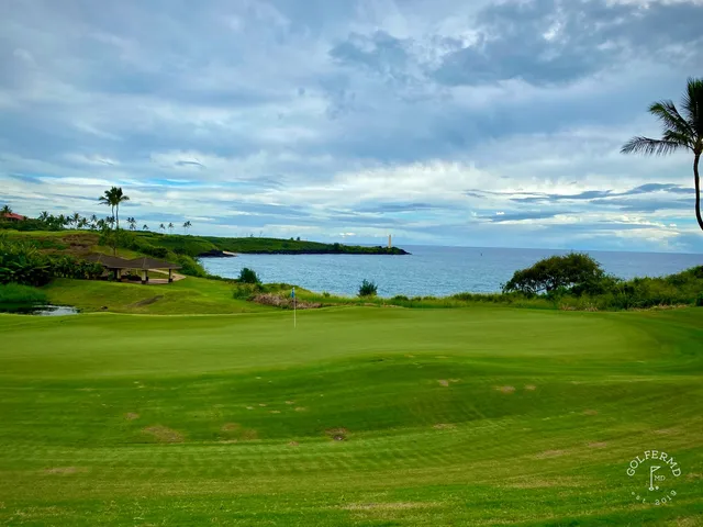 A fairway at Hōkūala lined with palm trees, running toward the water.