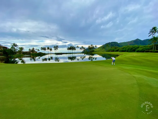 A green and flagstick at Hōkūala, with the ocean and palm trees behind the hole.