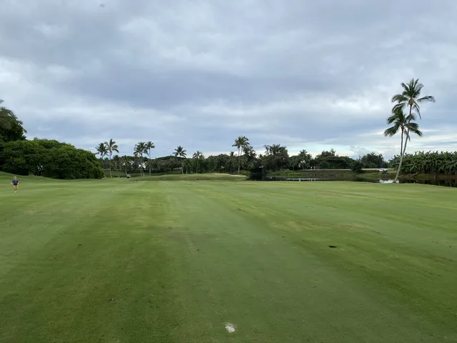 A fairway at Hōkūala running between palm trees toward the ocean.