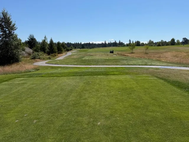 A fairway at The Home Course, with trees along the hole.