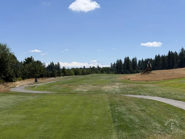 A green and flagstick at The Home Course, seen from the fairway.