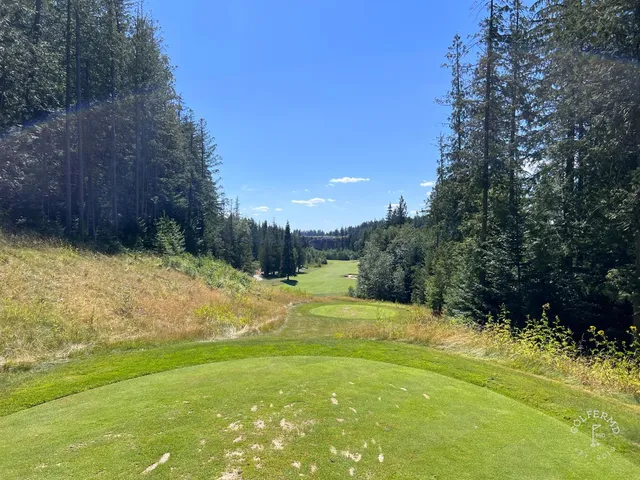 A green and flagstick at The Idaho Club, with the lake and mountains behind the hole.