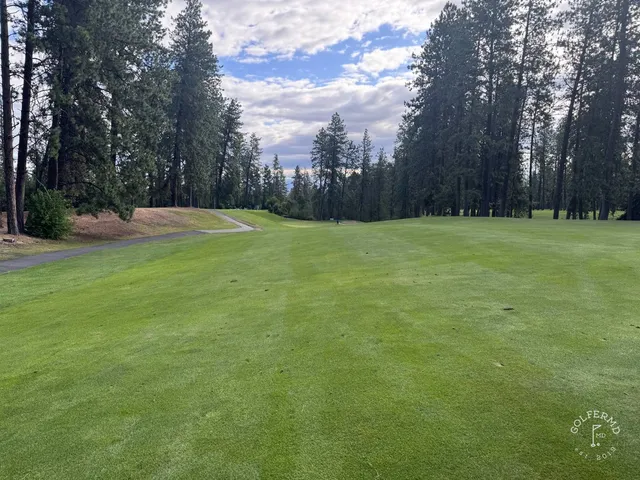 A golfer hitting a shot at Indian Canyon, with the tree-lined fairway ahead.