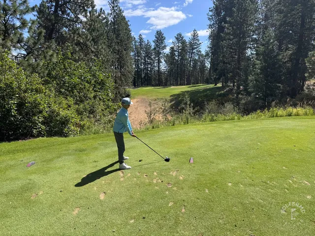 A close view of a flagstick at Indian Canyon, with the pines behind the green.