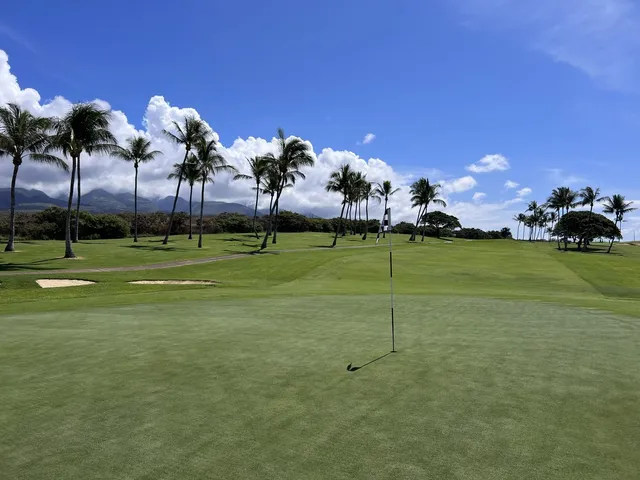 Another view of a green and flagstick at the Kai Course, with the ocean behind the hole.