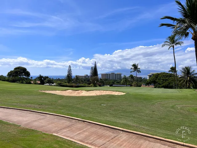 Golfers standing on a tee at the Kai Course, with the fairway and ocean ahead.
