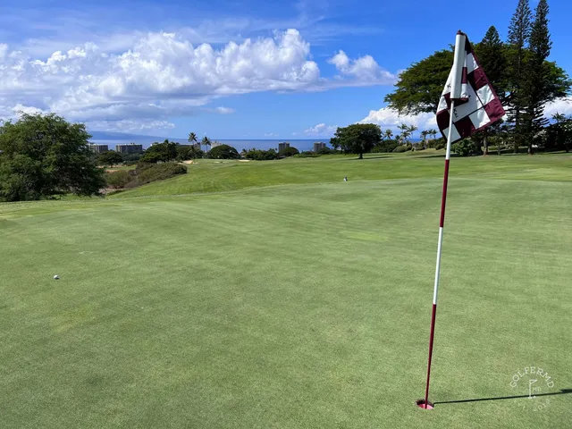 A green and flagstick at the Kai Course, seen across a sand bunker, with the ocean on the horizon.