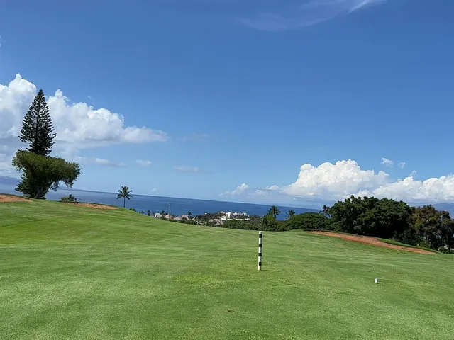 A close view of a green and flagstick at the Kai Course, with the Pacific behind the hole.